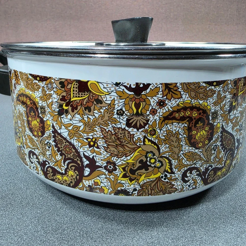 Vintage Fancipans Enamelware Stockpot Set 2pc Brown Gold Paisley Floral 70s
